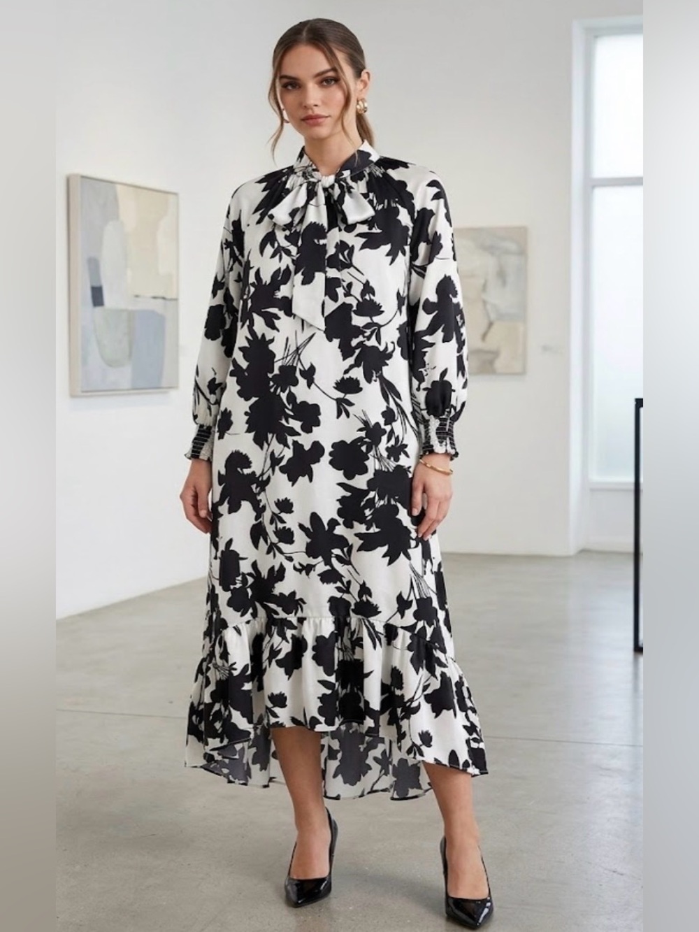 Women's Black & White Floral Tie-Neck Midi Dress